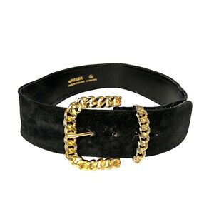 Vtg JAEGER Women's 28” BELT Black Suede Leather Gold Chain Link Buckle ENGLAND